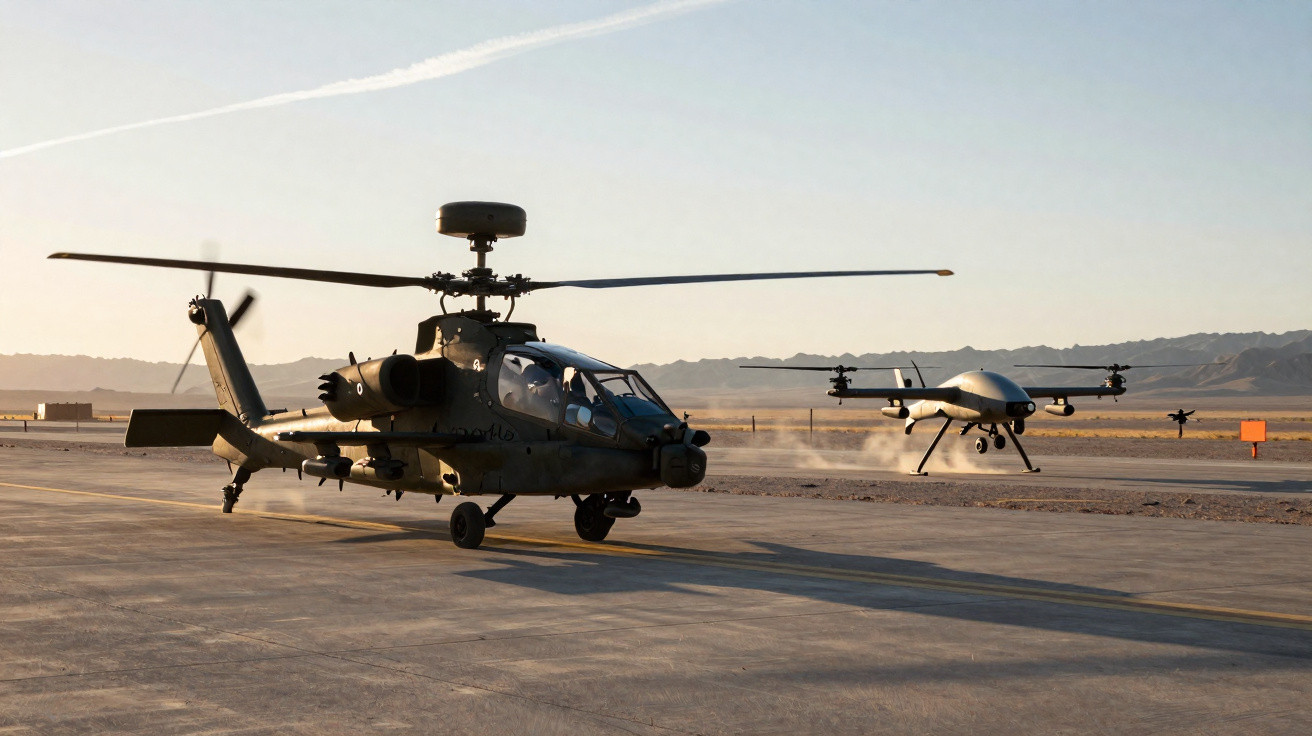 Military attack helicopter and drone on desert airfield with mountains in the background at sunset.