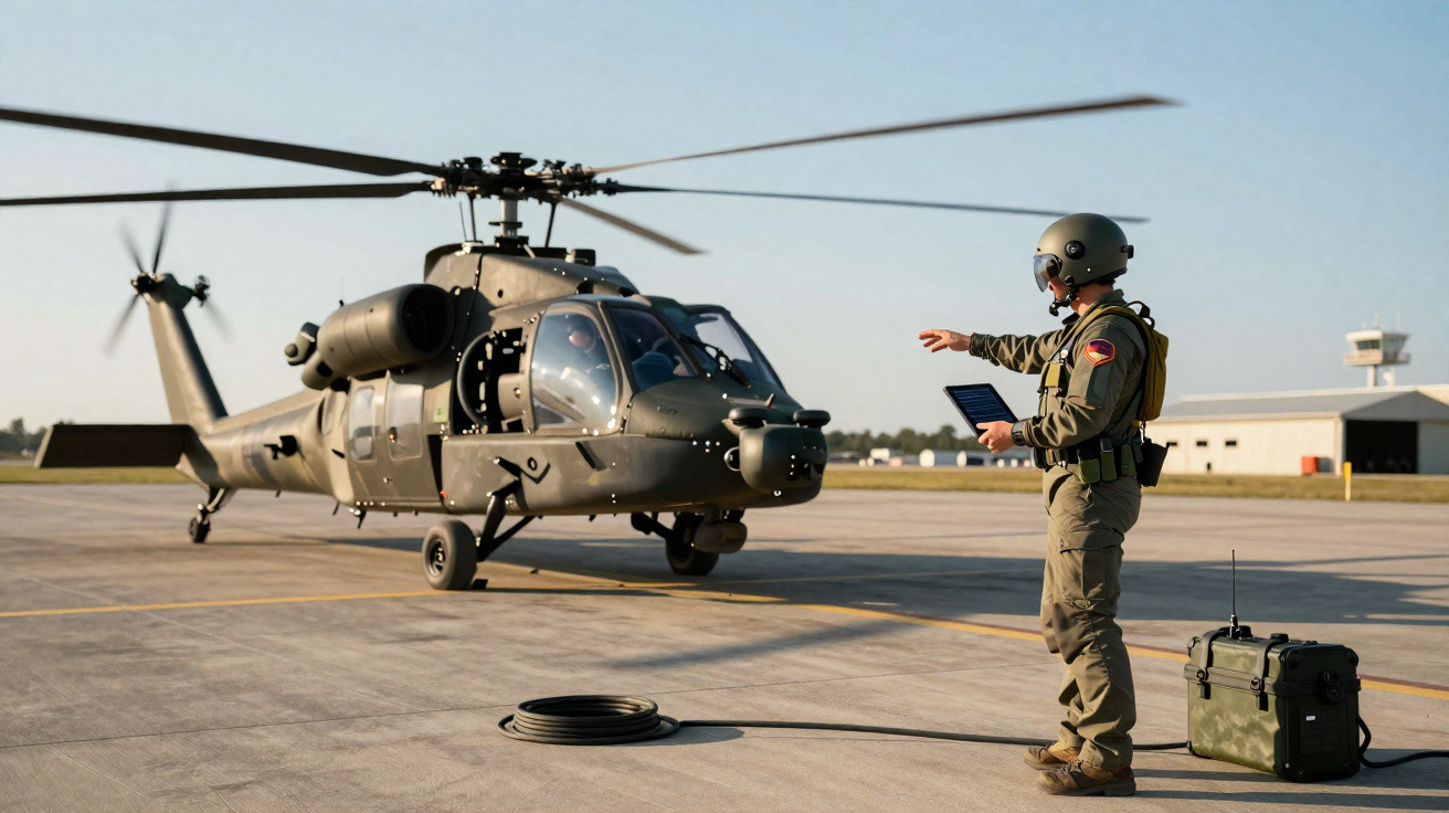 Military personnel guiding a helicopter on an airfield with a control device and equipment case nearby.