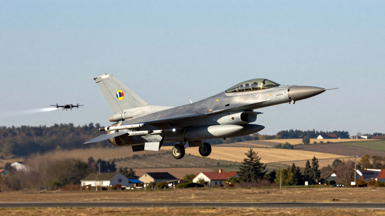 Romanian Air Force F-16 fighter jet taking off from a rural airstrip with another plane in the background.