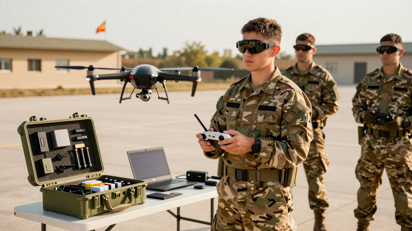 Soldiers in camouflage operating a drone with remote controls and laptop on a table outdoors.