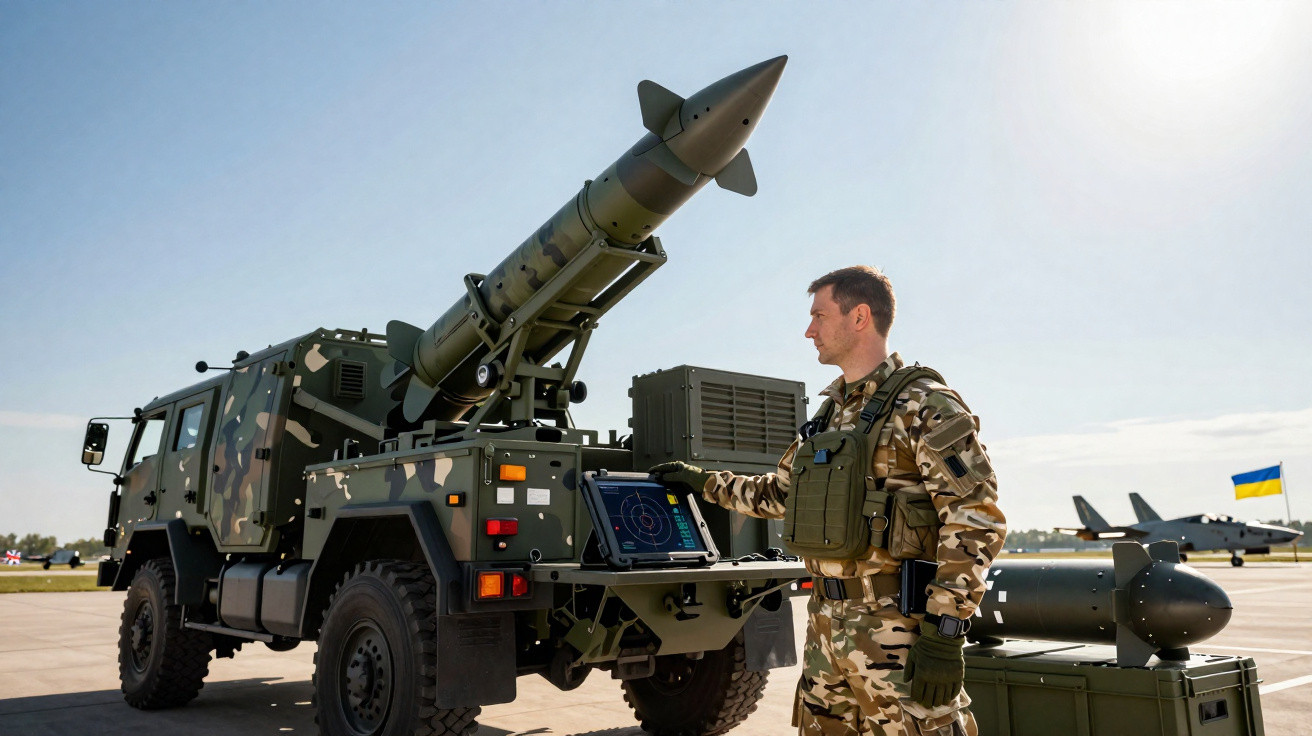 Soldier in camouflage operating missile launcher system mounted on military vehicle at airbase with fighter jets and Ukrainia