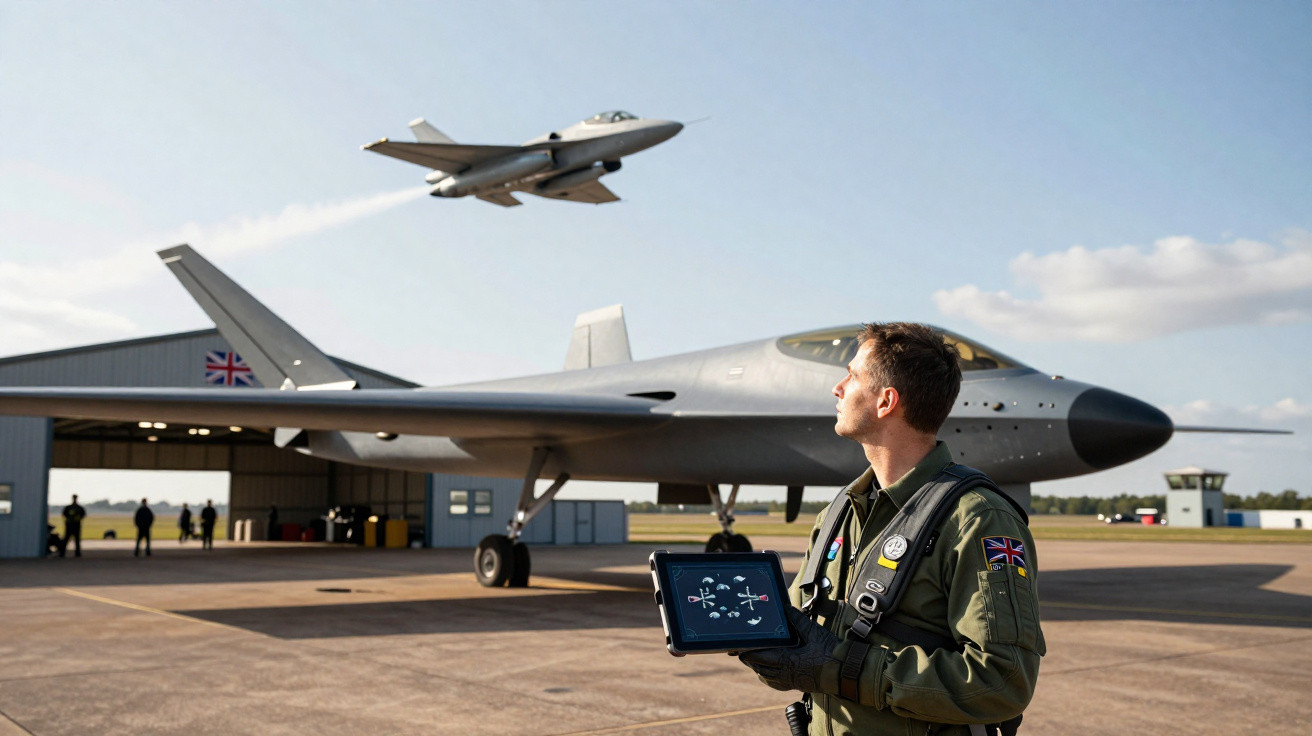 Pilot holding a tablet with fighter jets and a hangar in the background at a sunny airbase.