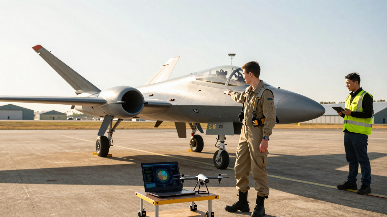 Pilot in flight suit inspecting a small military aircraft on a runway with a technician and drone equipment nearby.