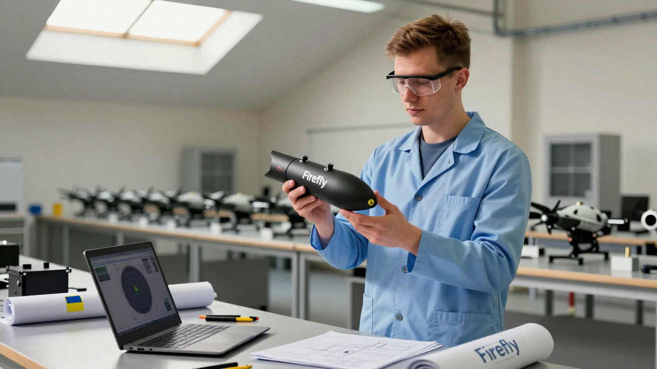 Scientist in lab coat examining Firefly drone prototype in a bright laboratory with laptop and blueprints on the table.