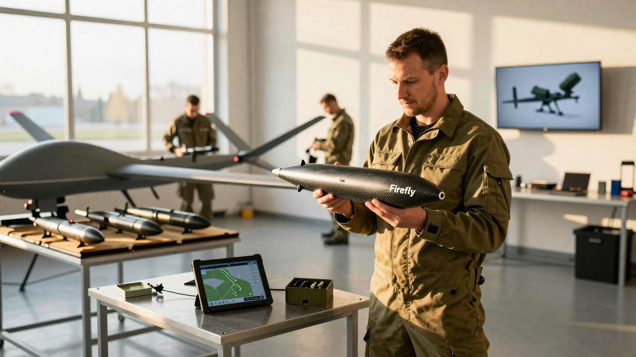 Man in military uniform examining drone bomb model in a bright workshop with drones and equipment.