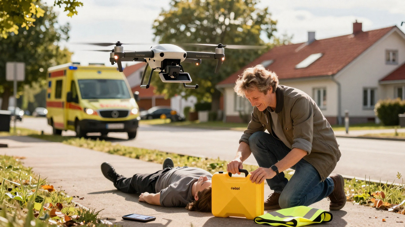 Man with medical kit using drone to deliver AED to unconscious person on suburban pavement with ambulance nearby