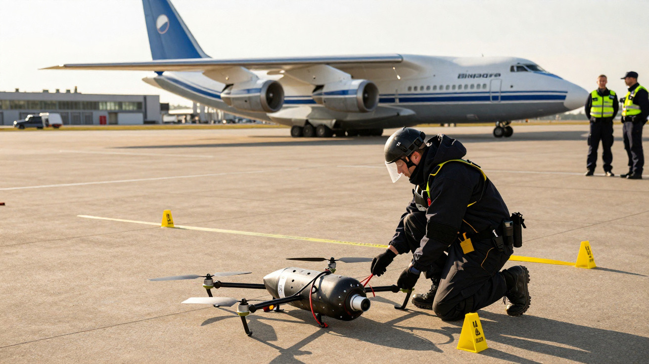 Security personnel inspecting a drone on an airport runway with a large airplane in the background.