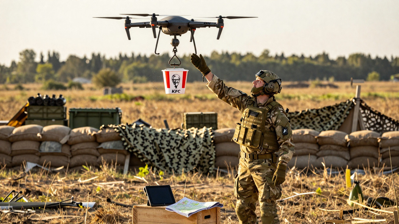 Soldier in combat gear receiving a KFC bucket delivered by a drone in a field with sandbags and equipment.