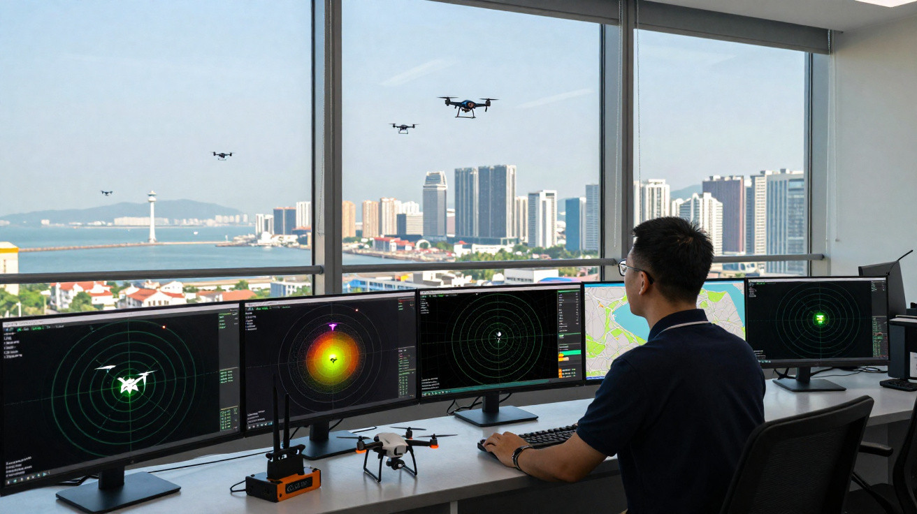 Man monitors multiple drones flying outside a high-rise building using radar and mapping software on screens.