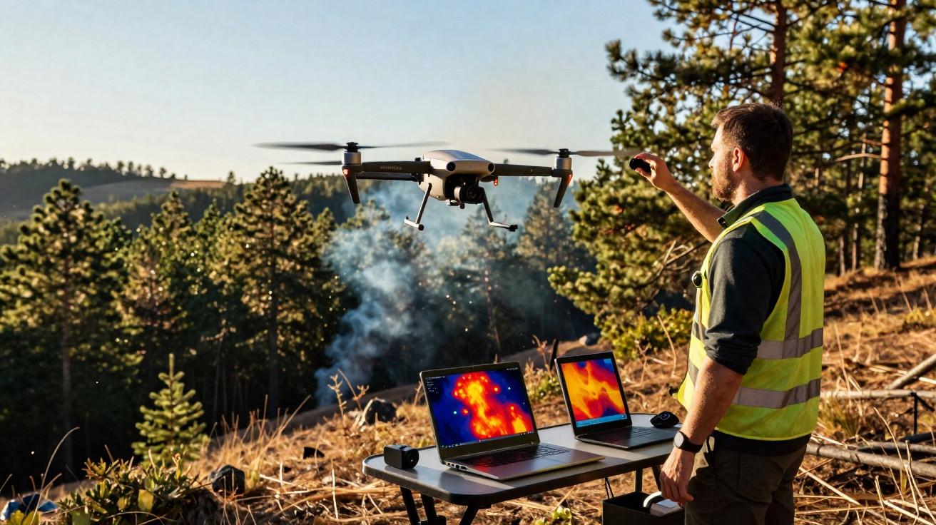 Man in high-visibility vest operating drone over forest fire with thermal imagery displayed on two laptops on a table.