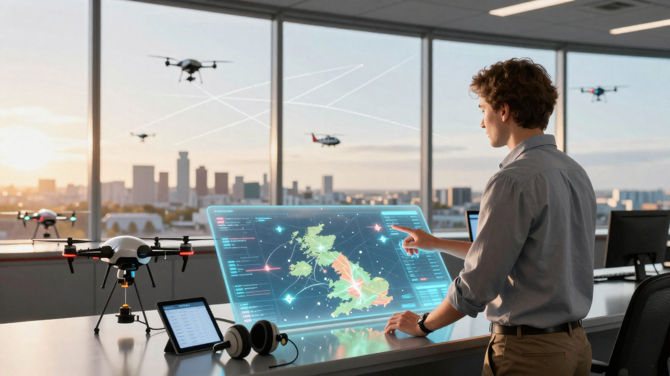 Man operating a futuristic touchscreen displaying a UK map with drones flying outside an office window.