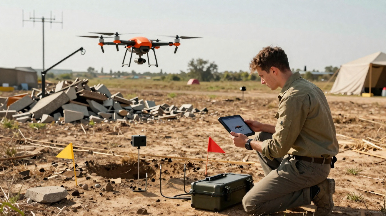 Man operating a drone with a tablet in a field marked with flags and equipment, near a pile of rubble.