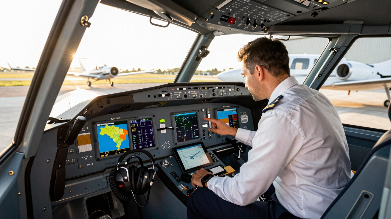 Pilot in uniform operating the cockpit controls of a modern aircraft with digital displays and headphones.