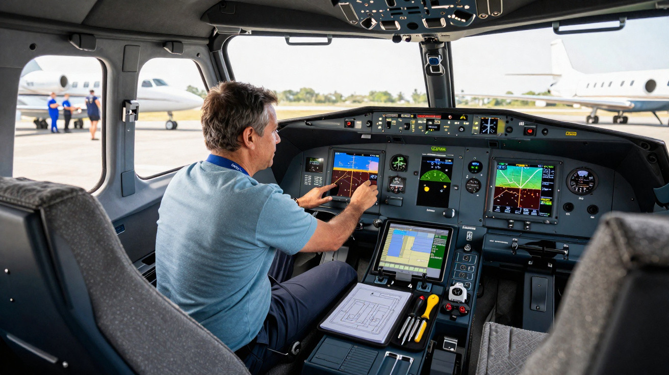 Pilot checking instruments inside a modern aircraft cockpit with planes and people visible outside.