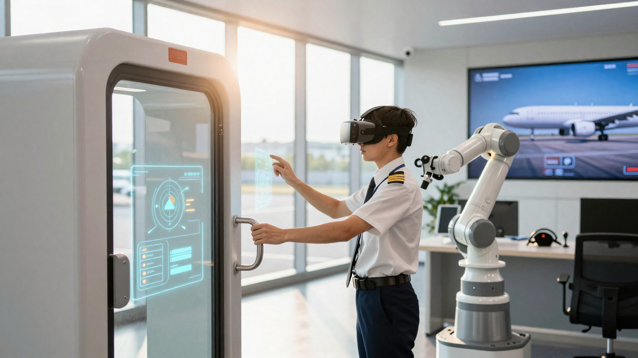Young pilot trainee using virtual reality headset and touch interface with robotic arm in aviation training room.