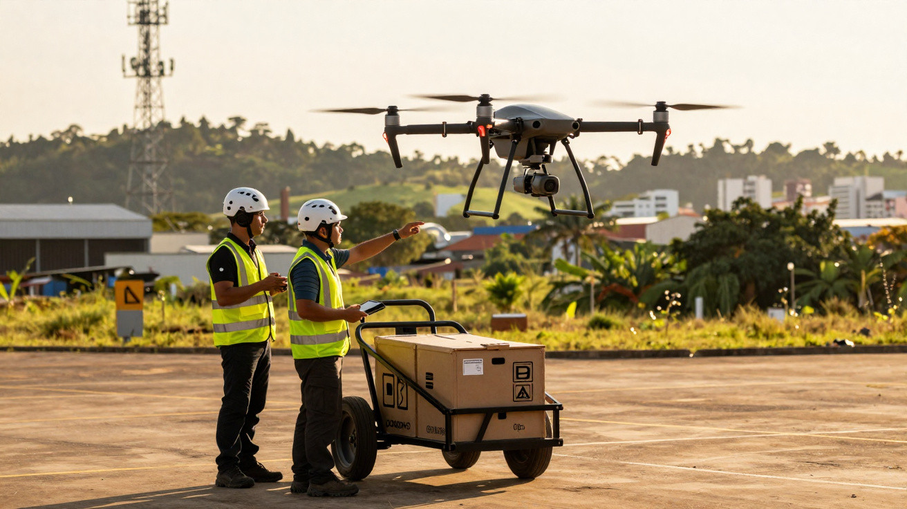 Two workers in helmets and vests operate a drone launching from a trolley with a large cardboard box outdoors.