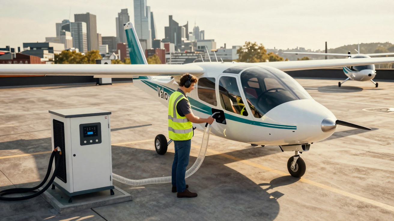 Man in high-visibility vest charging a small electric airplane on an airport tarmac with a city skyline background.