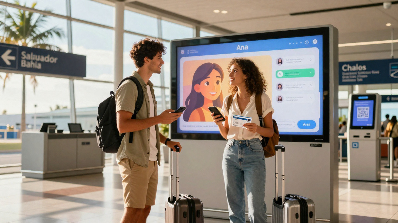 Two travellers with suitcases checking their phones in an airport terminal near a digital information screen.