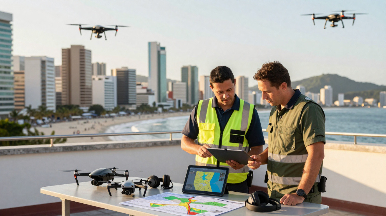 Two men in safety vests planning drone operations by the coast with drones flying and maps on a table.