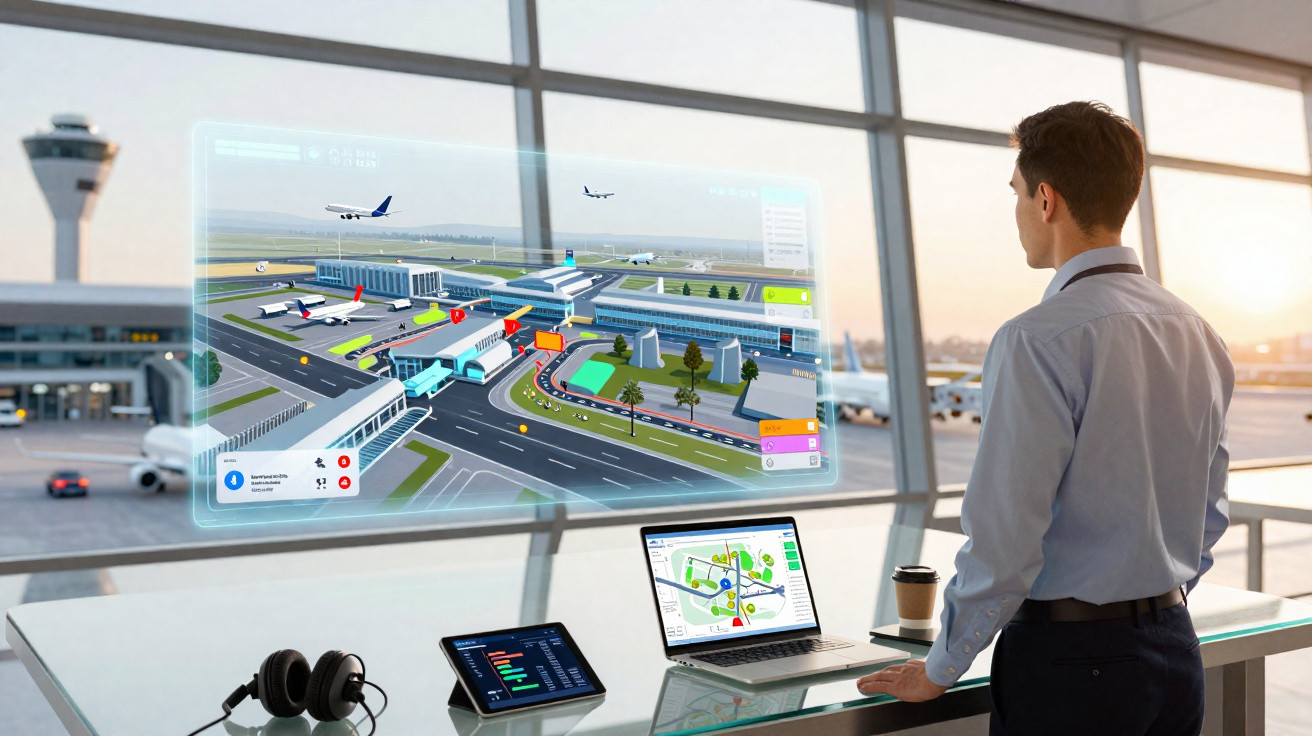 Man analysing digital airport traffic control map with laptops, tablet, and headphones on a glass desk.