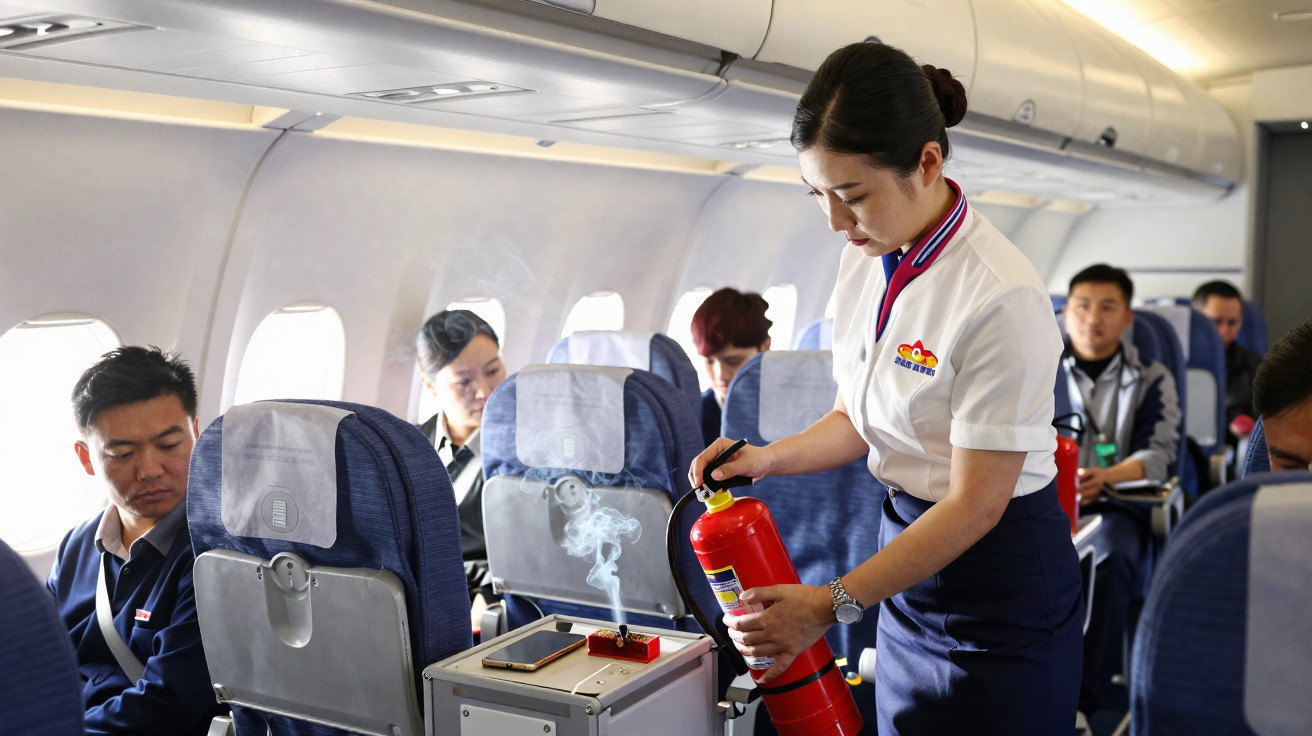 Flight attendant demonstrating use of a fire extinguisher on a smoking device inside an airplane cabin.