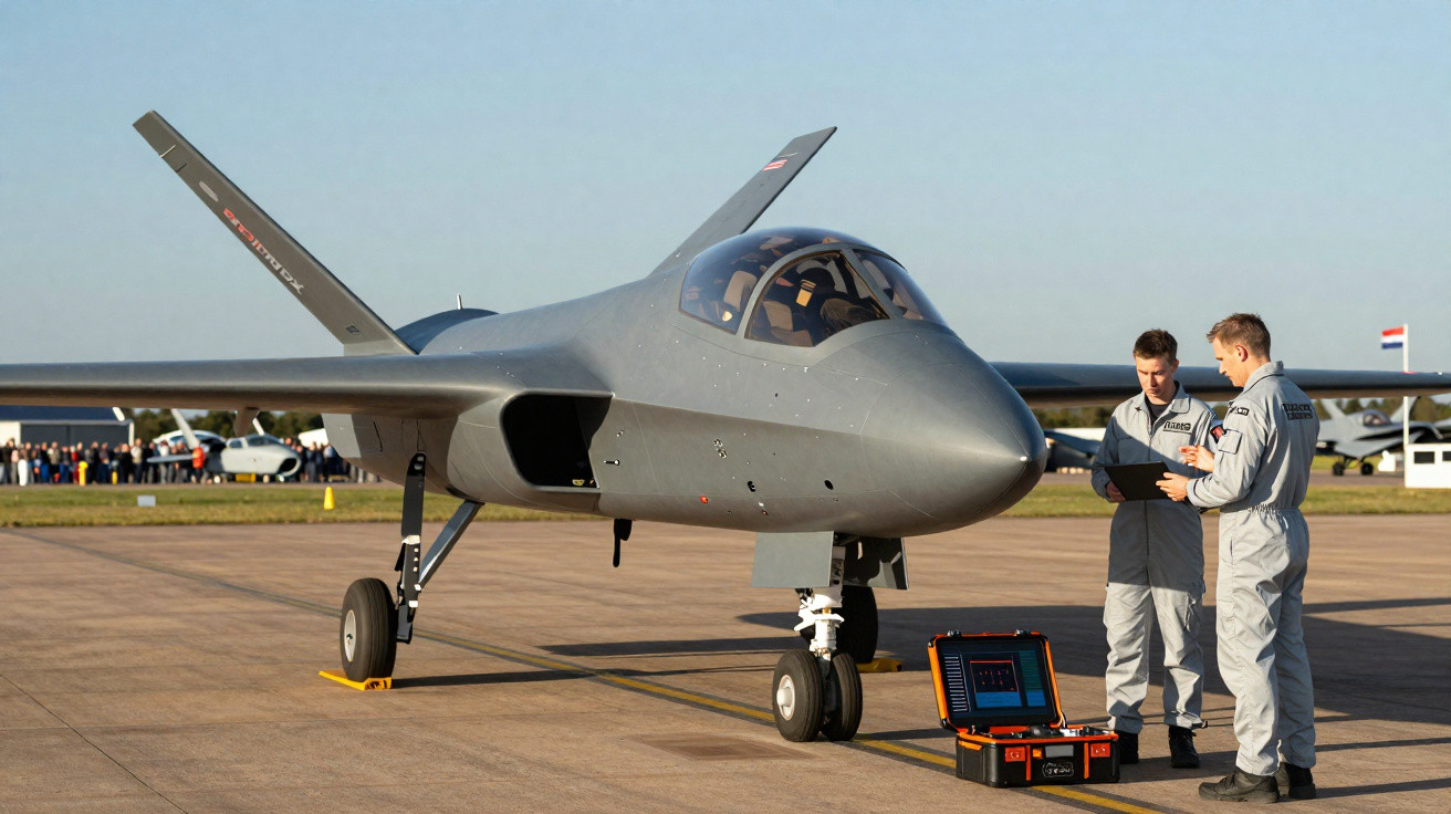 Military personnel inspecting a sleek grey drone jet on a runway with equipment in an airfield setting.