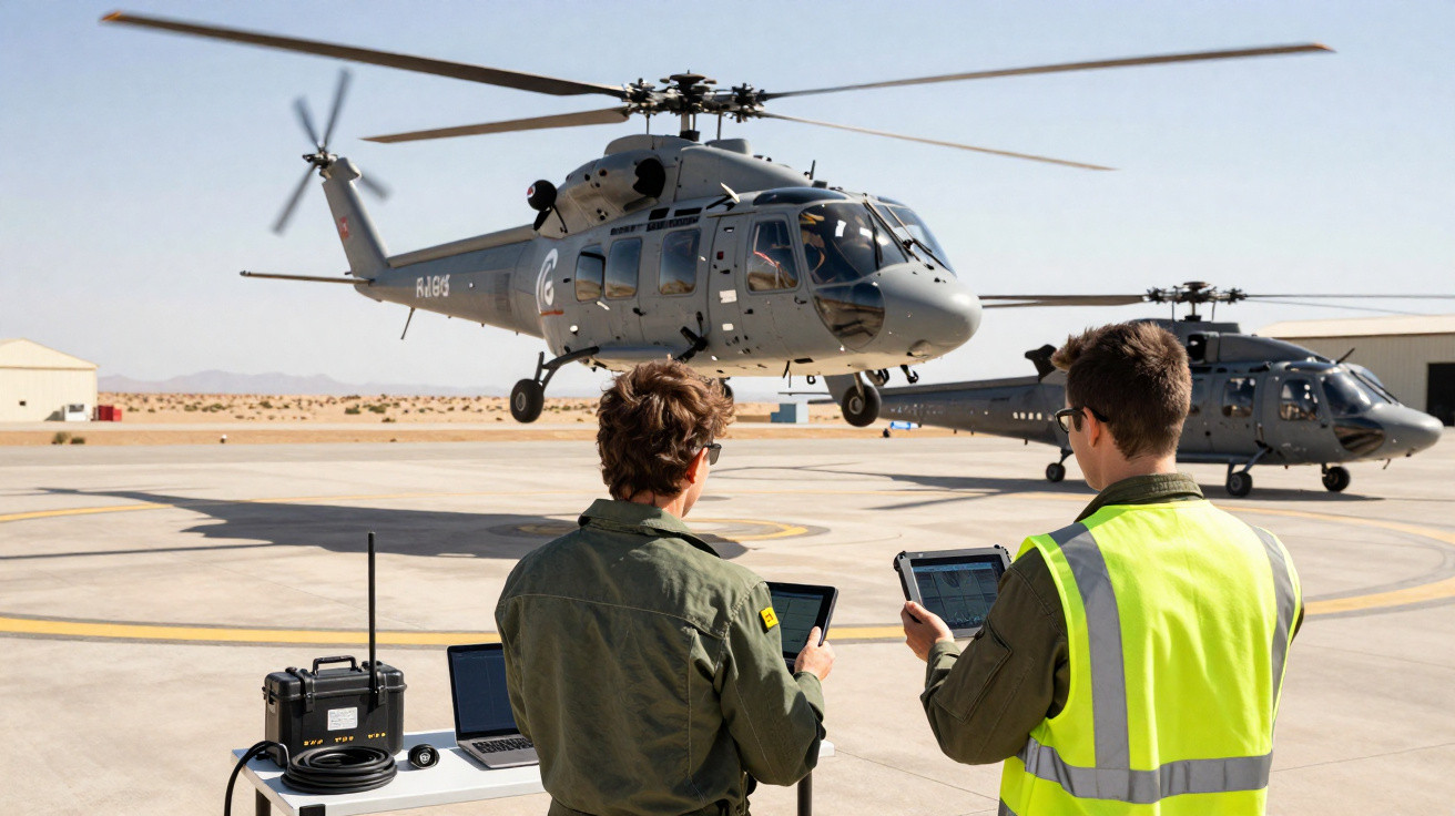 Two personnel with tablets operate a grey military helicopter taking off at a desert airbase.