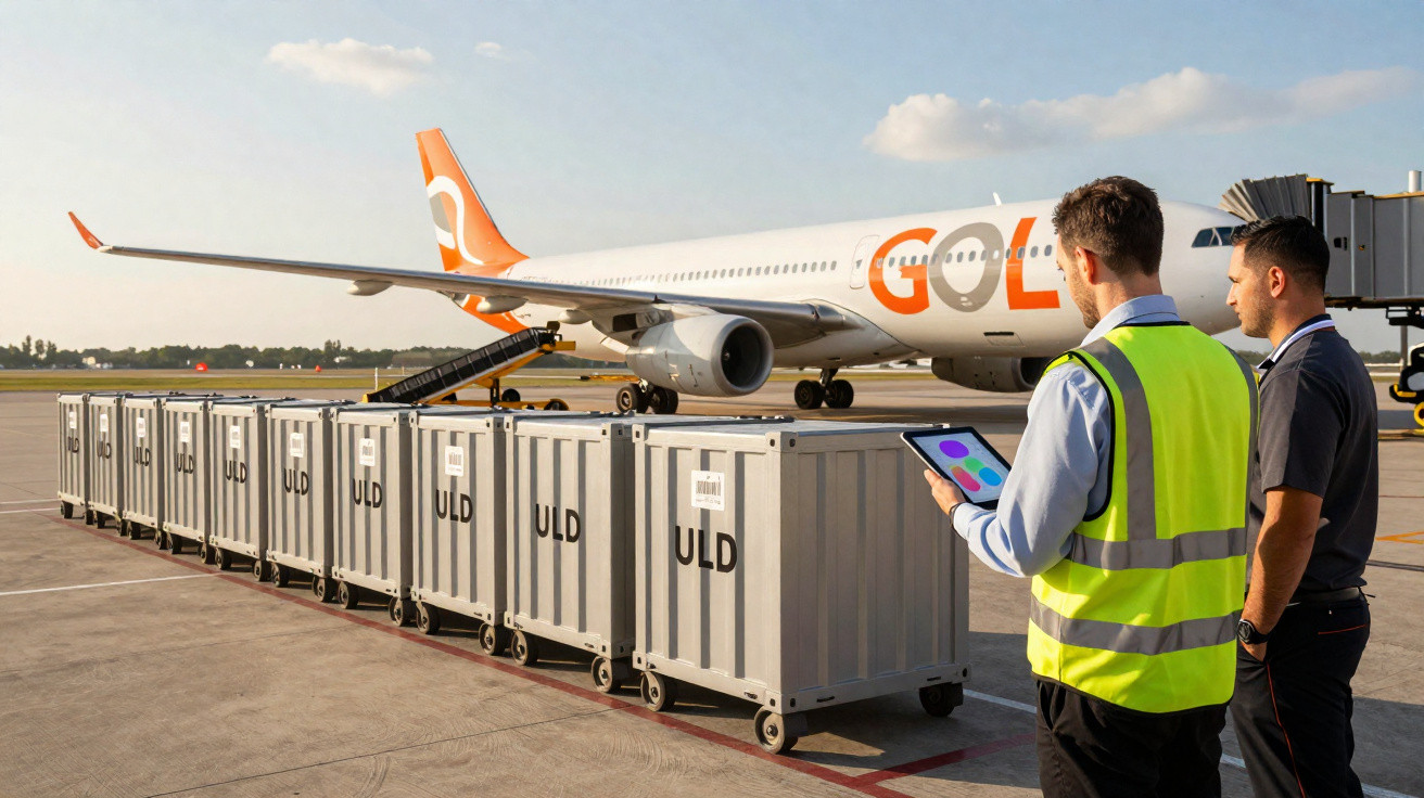 Two airport workers checking a tablet near cargo containers with a Gol Airlines plane in the background.