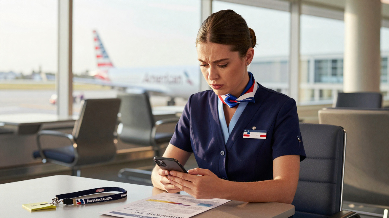 Female airline staff in uniform sitting at an airport gate looking at her phone with an American Airlines plane outside.