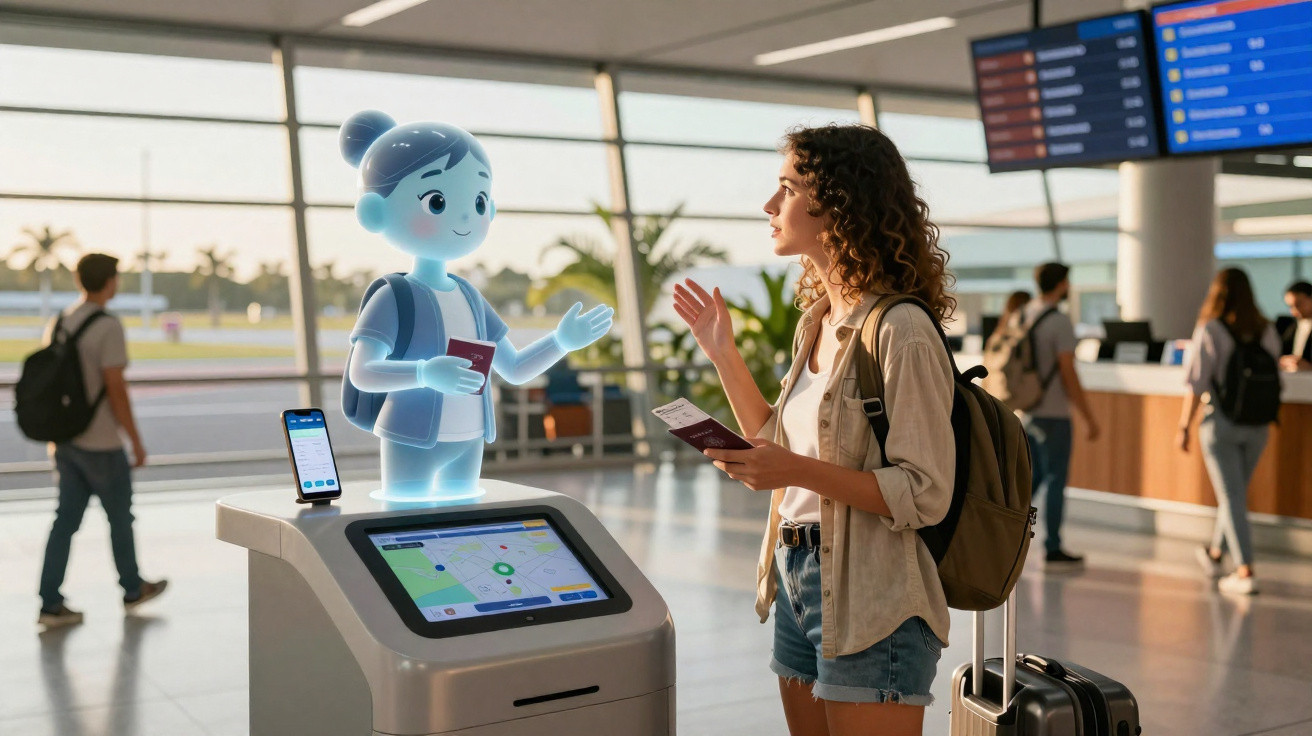 Woman with suitcase interacting with a digital assistant robot at an airport terminal information kiosk.
