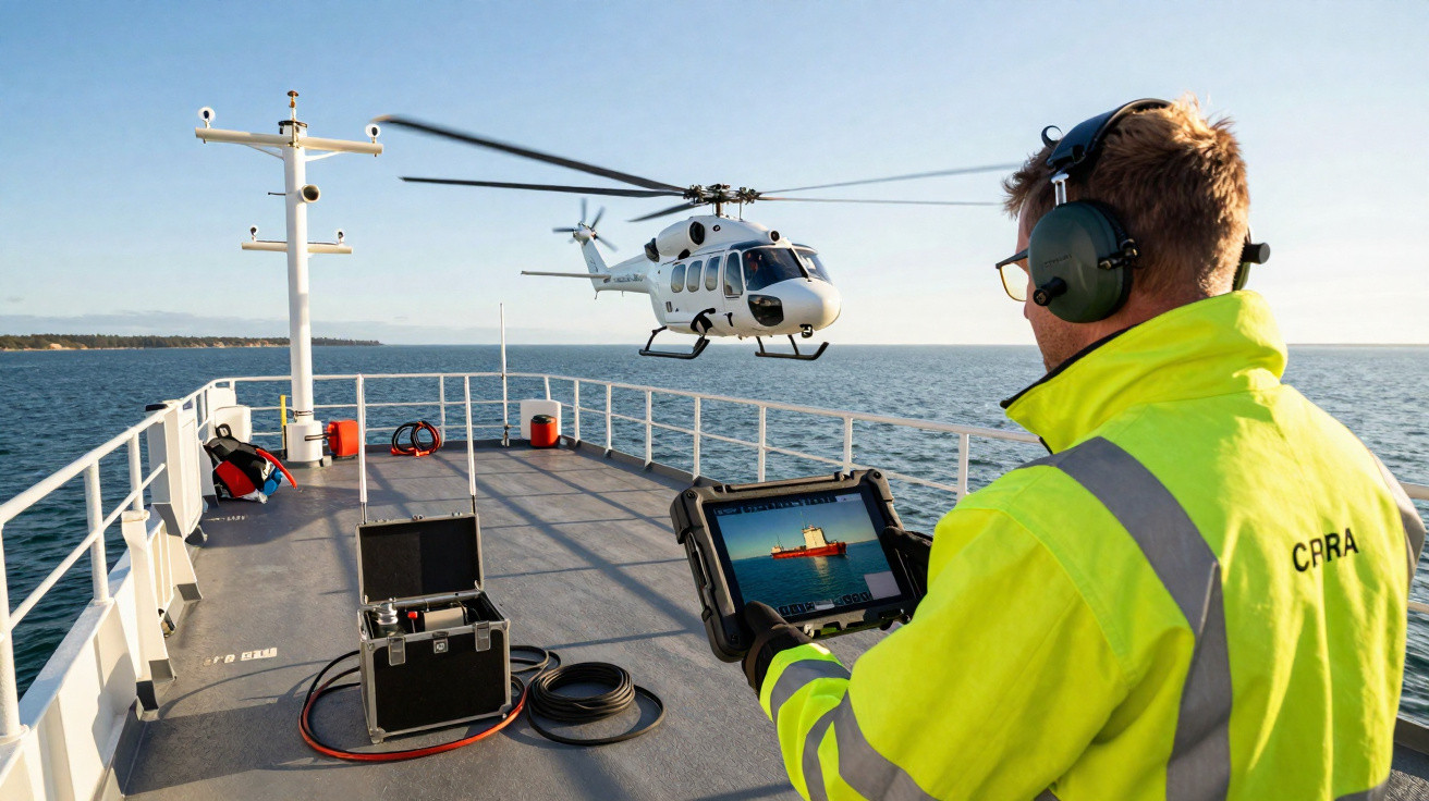 Man in high-visibility jacket operating equipment on ship deck with helicopter landing on sea nearby under clear sky.