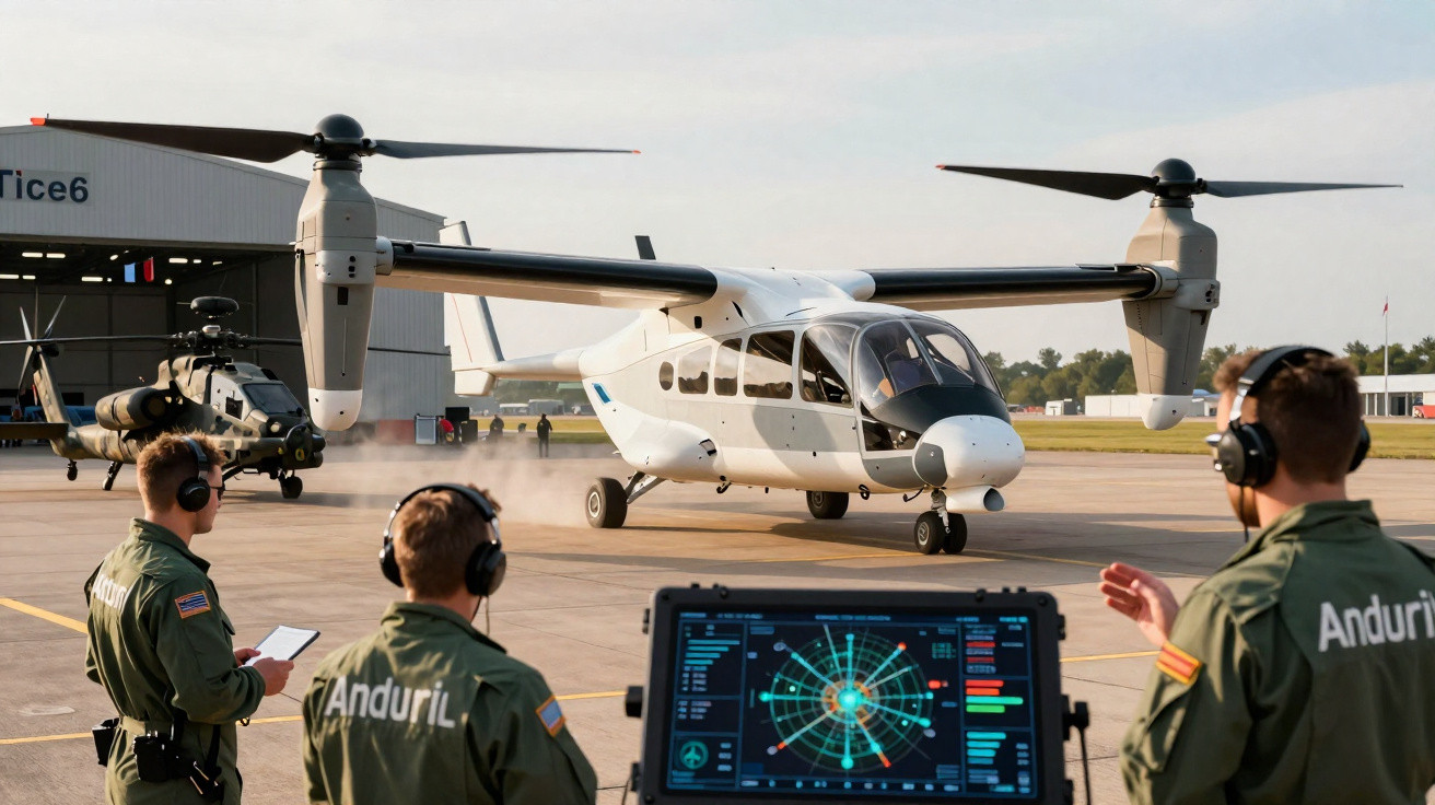 Military personnel with headsets monitor a white tiltrotor aircraft on a runway near a hangar.