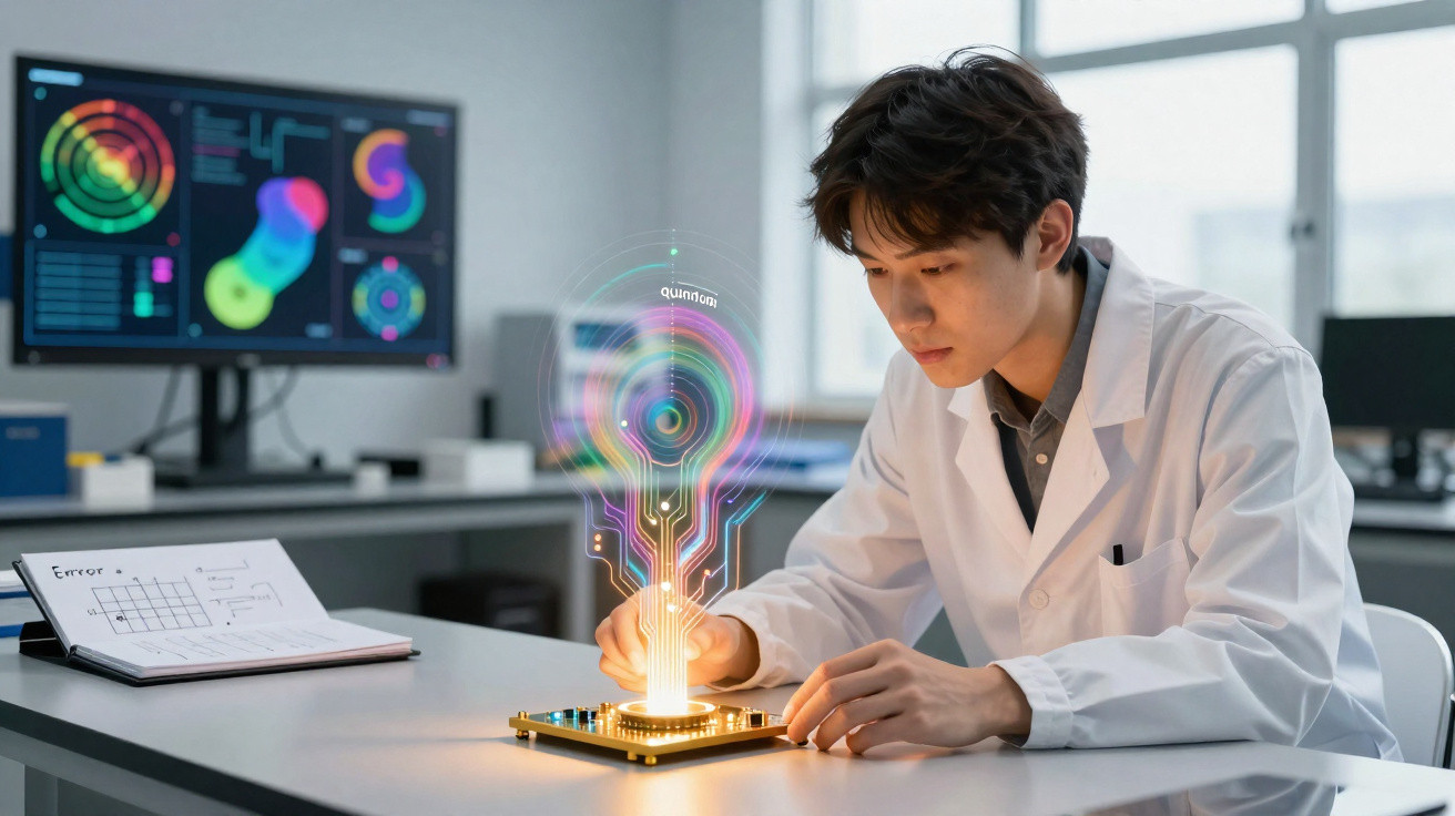 Scientist in a lab coat analysing a glowing quantum computing chip with digital data displays in the background.