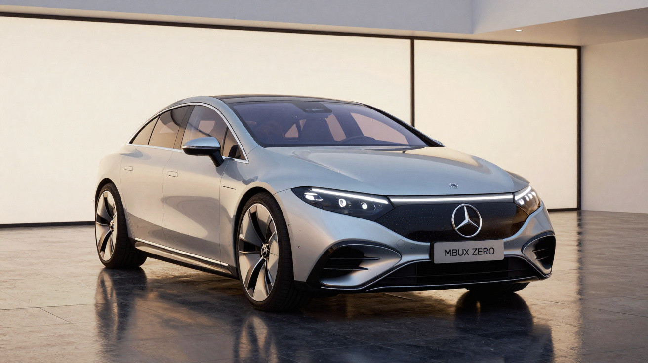Silver Mercedes-Benz electric sedan parked indoors with sleek aerodynamic design and illuminated headlights.