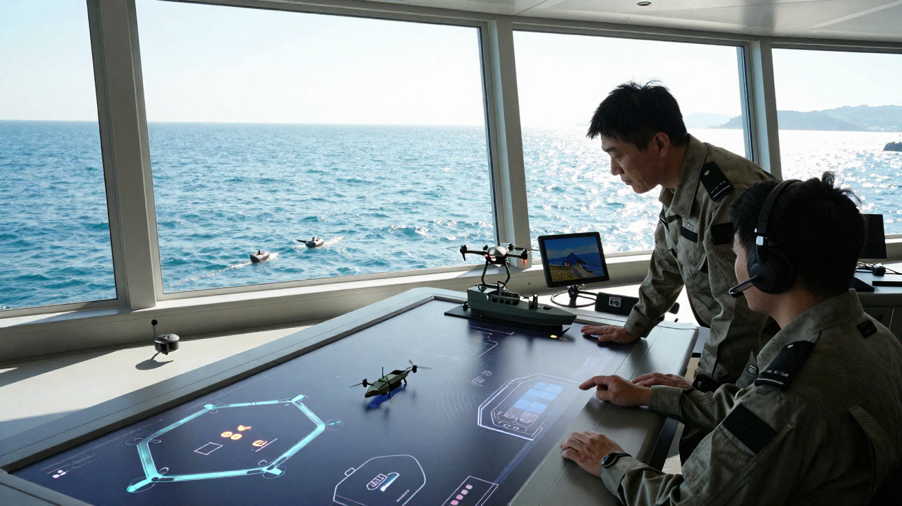 Two naval officers monitoring a digital control table and drones inside a ship's control room with sea view.