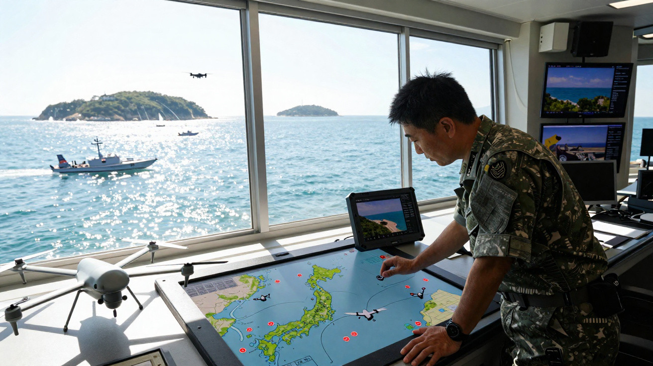 Military personnel operating a drone control system on a ship with sea and islands visible through windows.