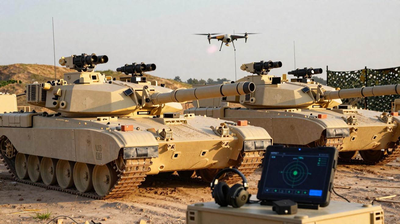 Three tan military tanks in desert with a drone flying above and a radar screen in the foreground.