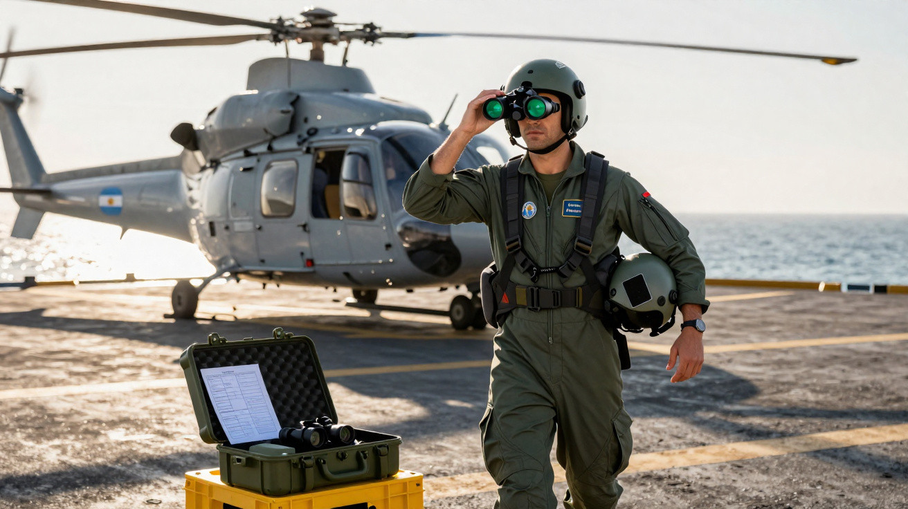 Military pilot in flight suit using binoculars on naval ship deck with helicopter in background.