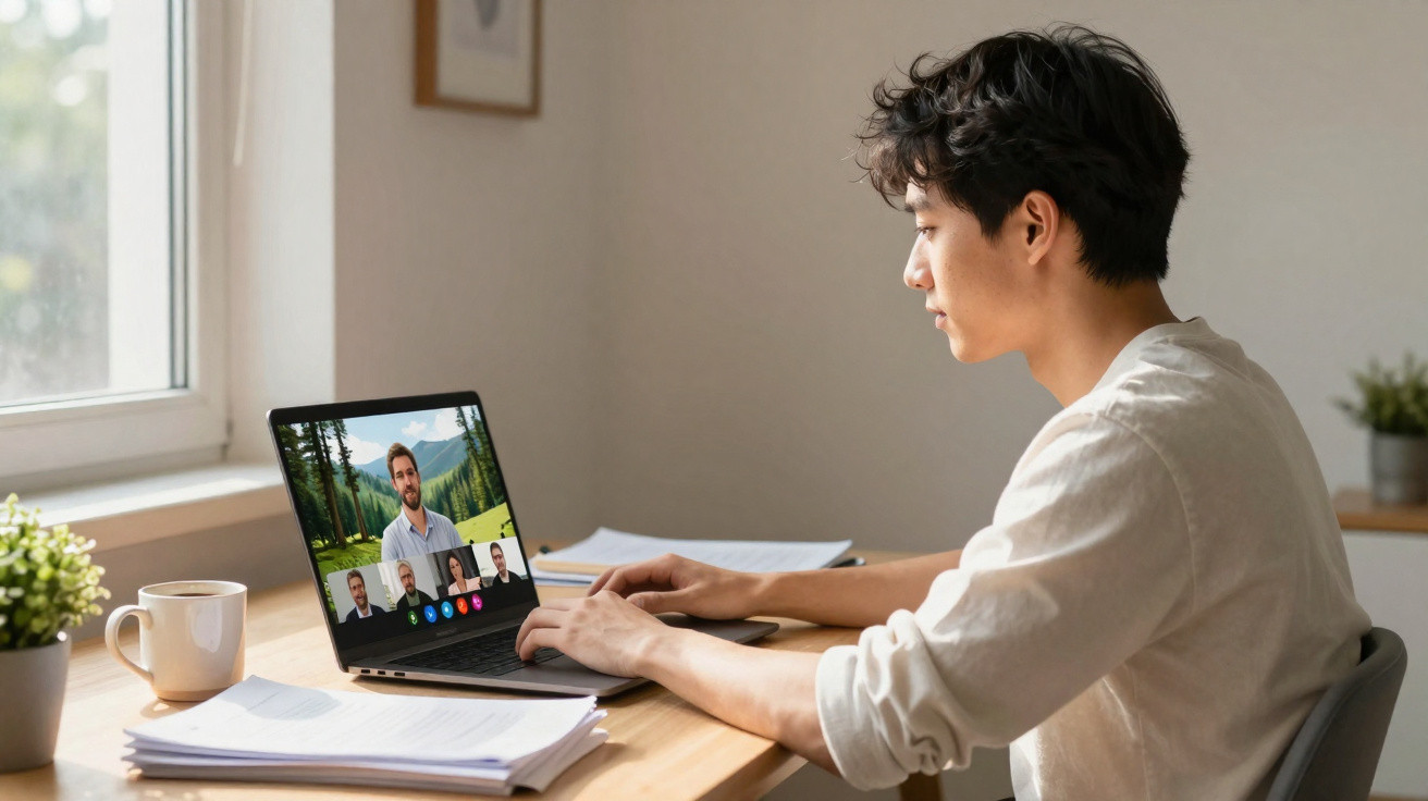 Young man attending a video call on a laptop at a wooden desk by a window with papers and a coffee mug.