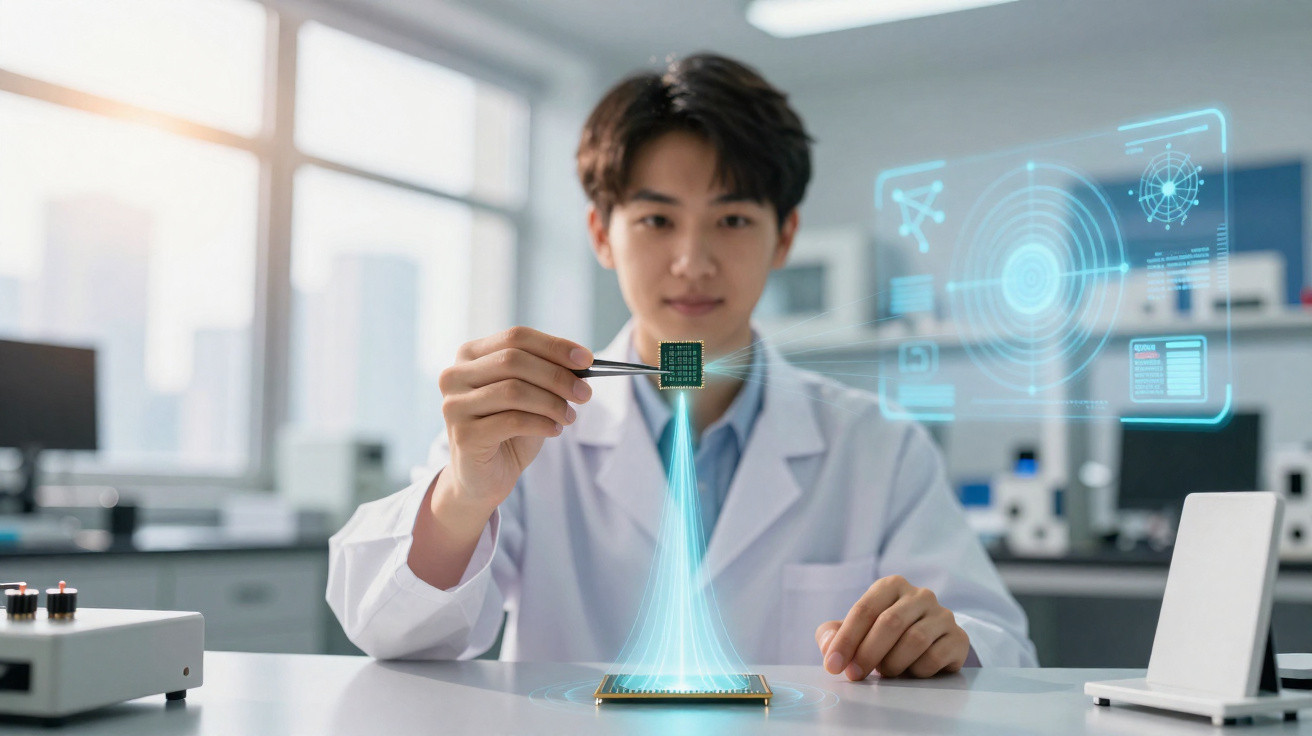 Scientist in lab holding a microchip with digital holographic data displays around it