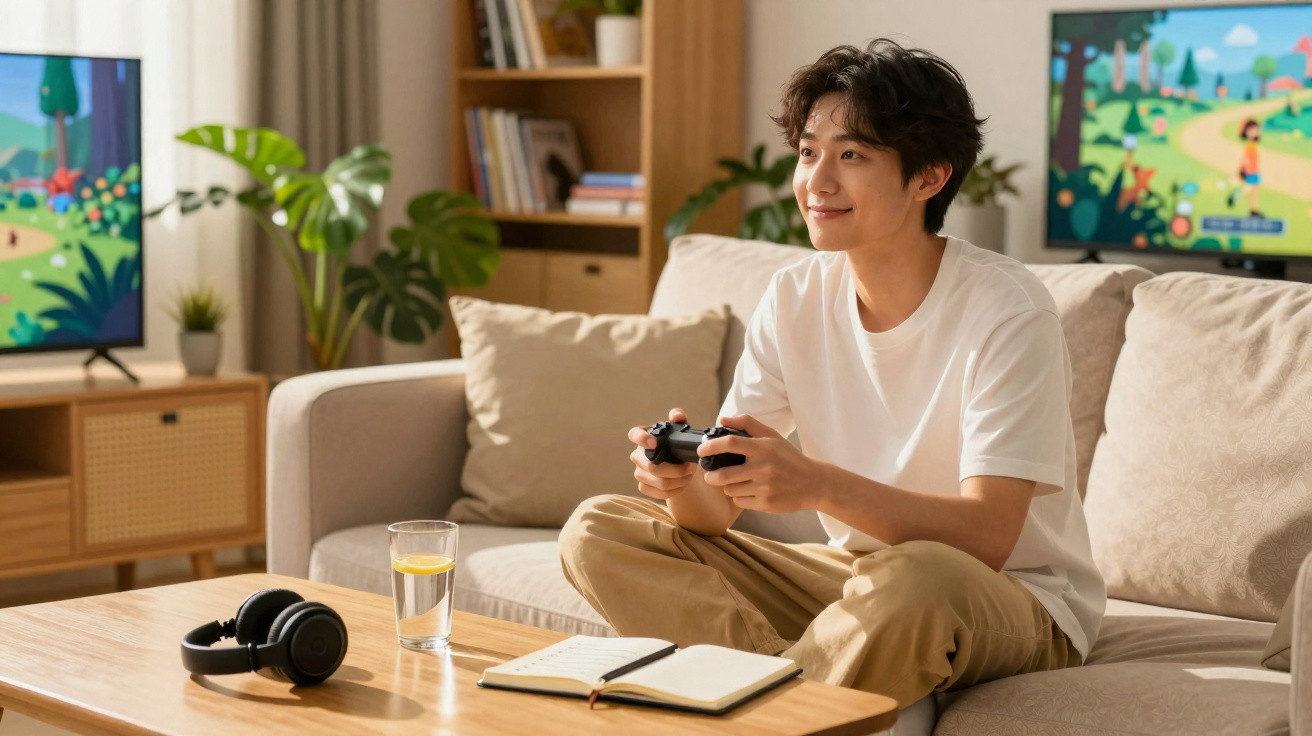 Young man sitting on a sofa playing video games with a controller in a cosy living room.