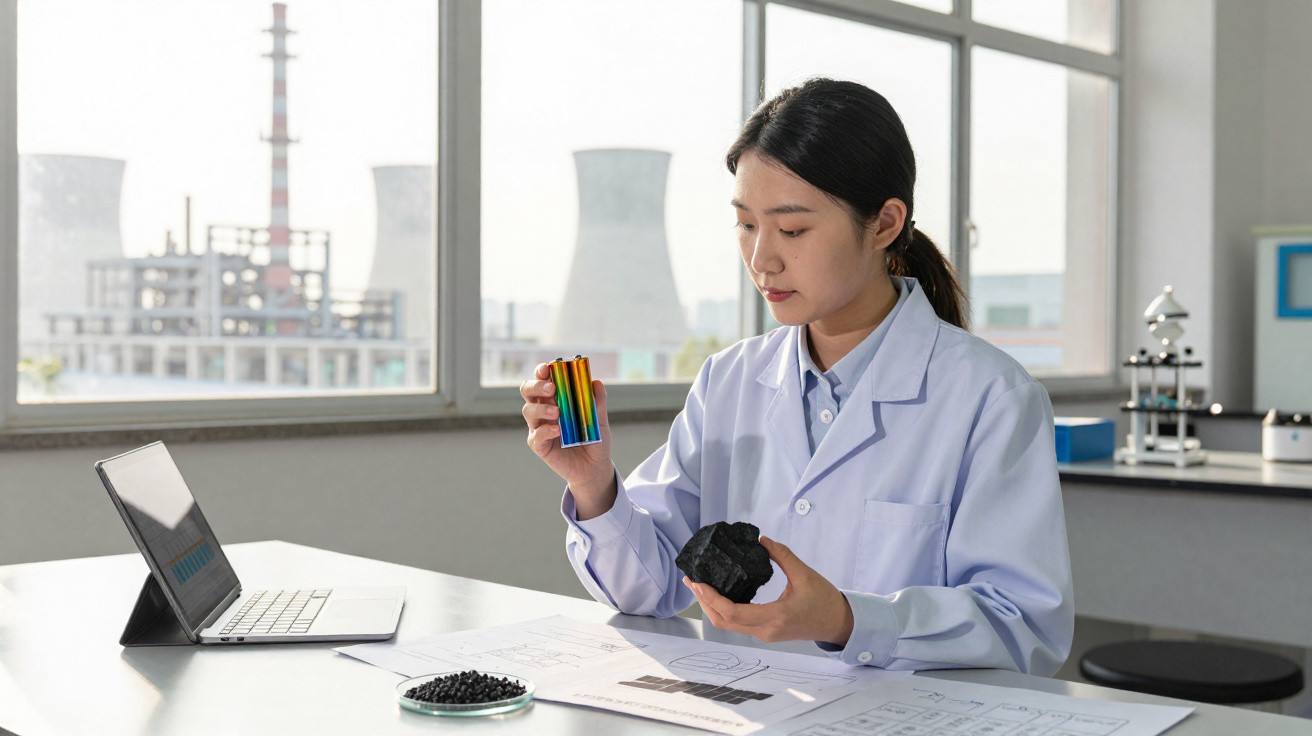 Scientist in lab coat examining a block of coal and fluorescent mineral samples with industrial plant in background.
