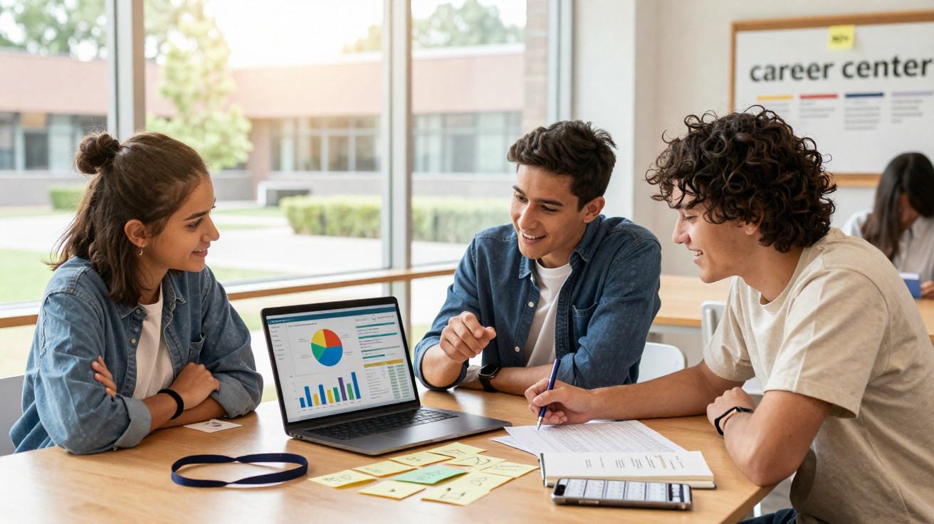 Three young adults discussing charts and notes around a laptop in a bright career centre room.