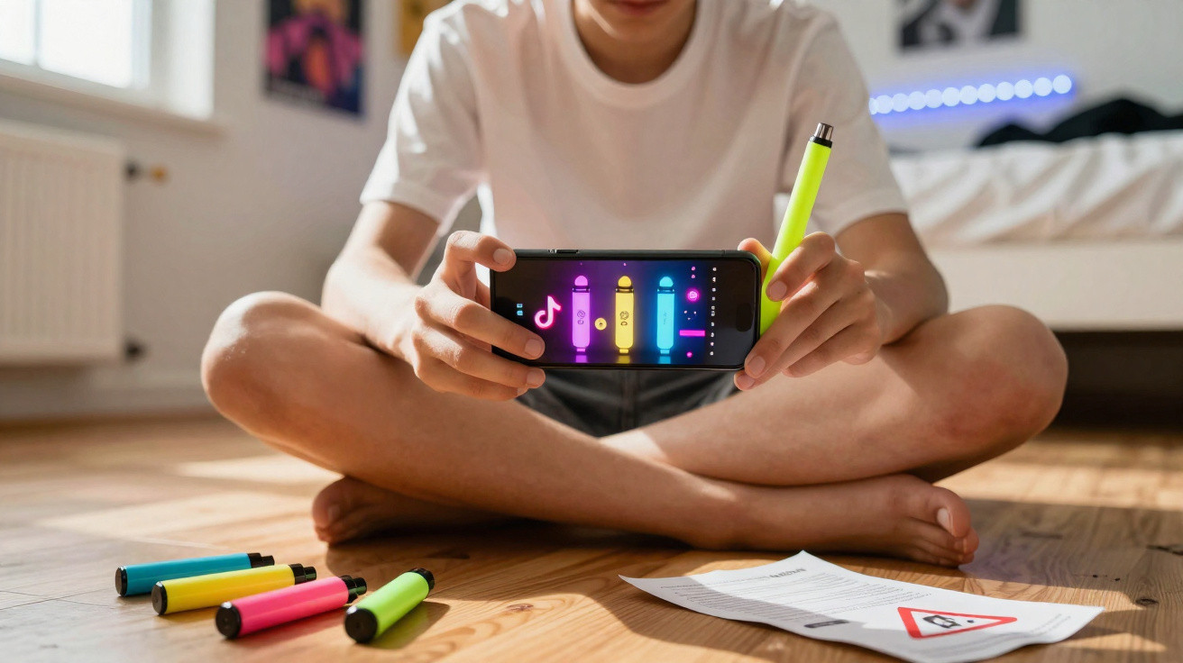 Child sitting cross-legged on wooden floor holding smartphone with TikTok app, surrounded by highlighters and paper.