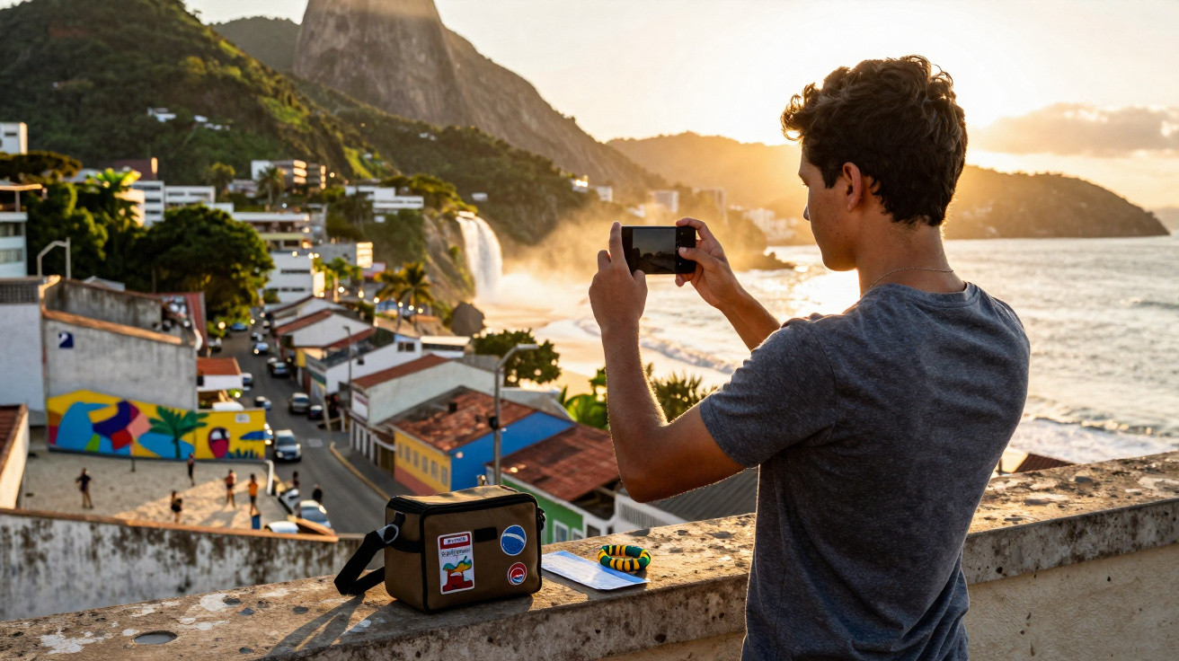 Young man photographing scenic coastal town with mountains and waterfall at sunset on smartphone.