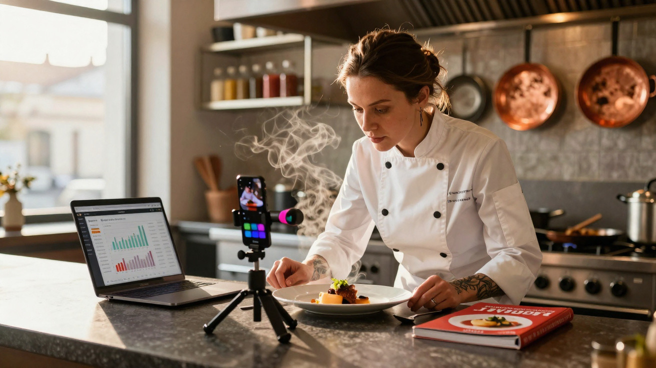 Chef in white uniform filming a steaming gourmet dish in a kitchen with a laptop and cookbook nearby.