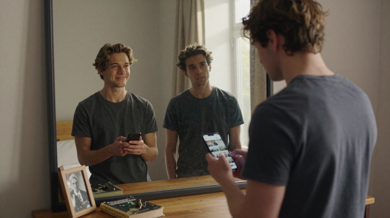 Young man holding a phone, reflected in a mirror showing his smile and a dimly lit room background.