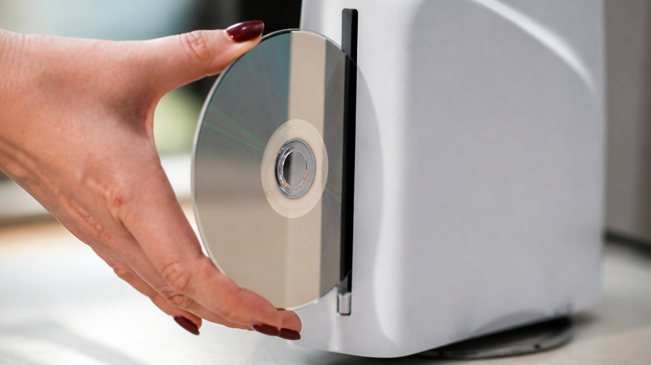 Hand inserting a disc into a white disc drive on a table.