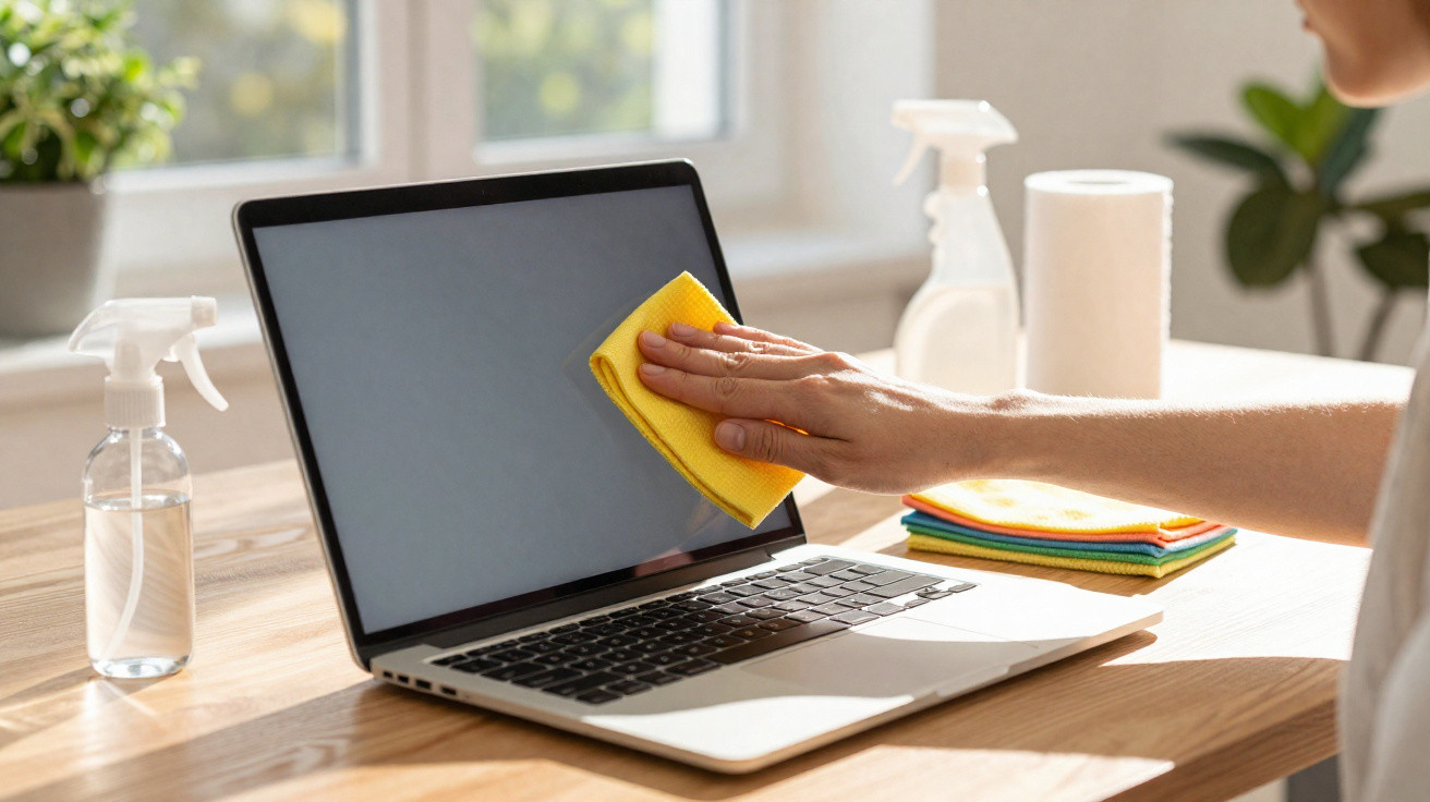 Person cleaning a laptop screen with a yellow cloth on a wooden table near a window.