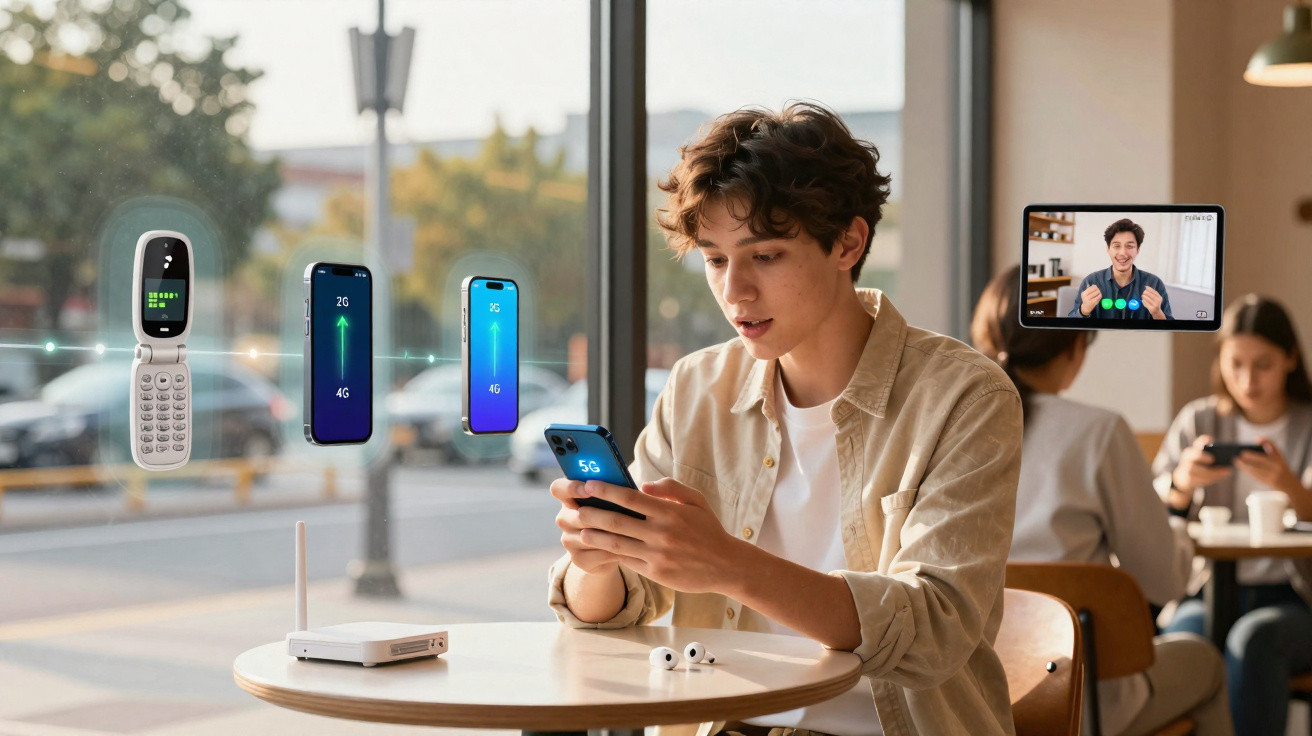 Young man at café using 5G smartphone with visual comparison of 2G to 5G network speeds beside him.